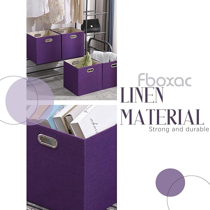 Collapsible Basket Fabric Foldable Box with Handles, 13x13 Cube Storage Bins Set of 4, Thick and Heavy Duty Storage Baskets for Shelves Bedroom Livingroom,Purple