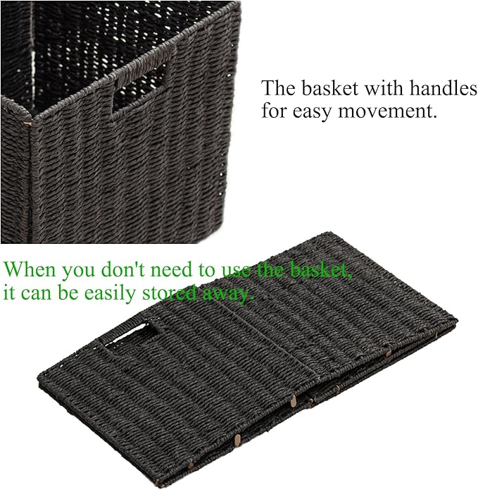 Handwoven Paper Woven Cube Basket Organizer with Handles set of 4 Foldable Storage baskets for Bedroom Living Room Cubby Storage Units for Clothes Books Toys (Black, 13" L x 13" W x 13" H)