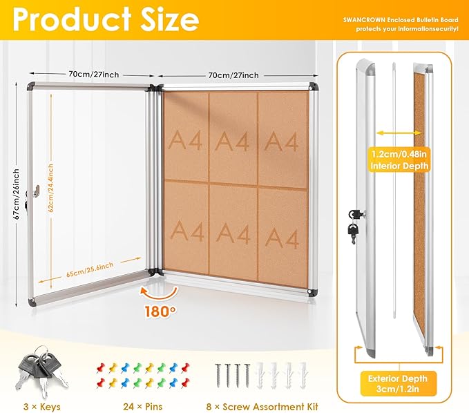 SWANCROWN Enclosed Cork Bulletin Boards Wall-Mounted Noticeboard Protective Display Case for Retail School Apartment 28x26 inch (6xA4)