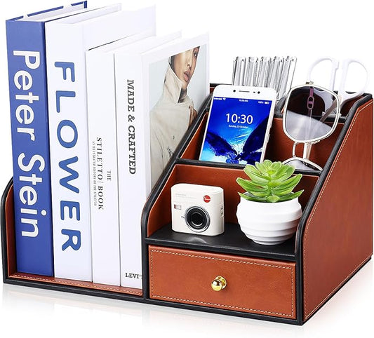 GORESE PU Leather Desk Organizer with Magazine File holder, Drawer and 4 Compartments, Office Workspace Organizers and Accessories, Large Desktop Organization with File Rack Pen Holder - Tan Brown