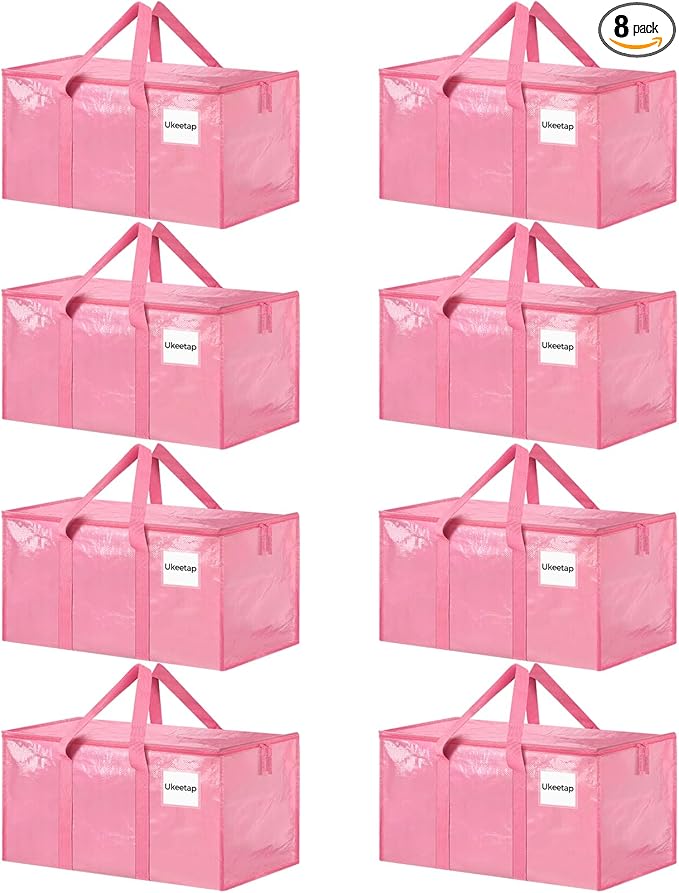 8 Pack Extra Large Heavy Duty Moving Bags, Pink Storage Bins with Lids, Reinforced Handles & Heavy-Duty Zippers Moving Boxes Storage Bags Totes for Clothes Packing, Dorms, College Supplies, Pink