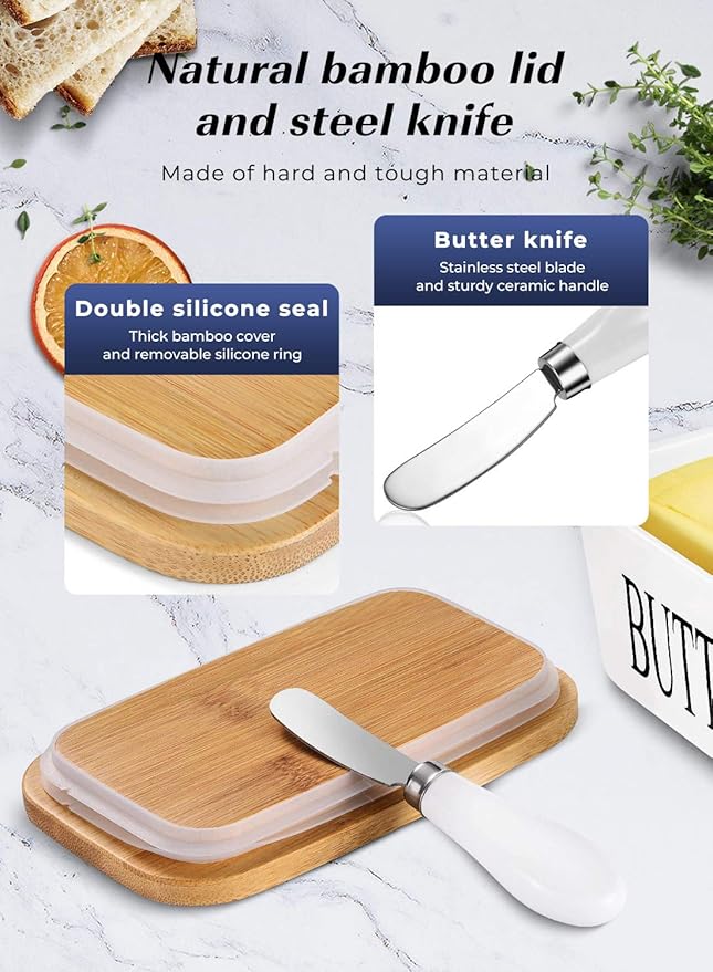 Butter Dish with Lid: Large Butter Container for Countertop - Ceramic Butter Holder for Counter - Butter Tray Butter Keeper with Knife and Sponge Scrubber - Perfect for 2 Sticks of Butter Black