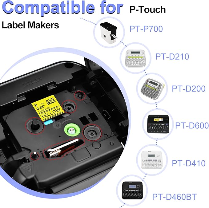 2 Pack Compatible for Ptouch TZe-621 TZ-621 Label Maker Tape TZe621 TZ621 Black on Yellow 9mm 0.35 Inch Laminated TZe TZ Label Tape for PT-H110 PT-9700PC PT-1880 PT-1230PC PT-1280