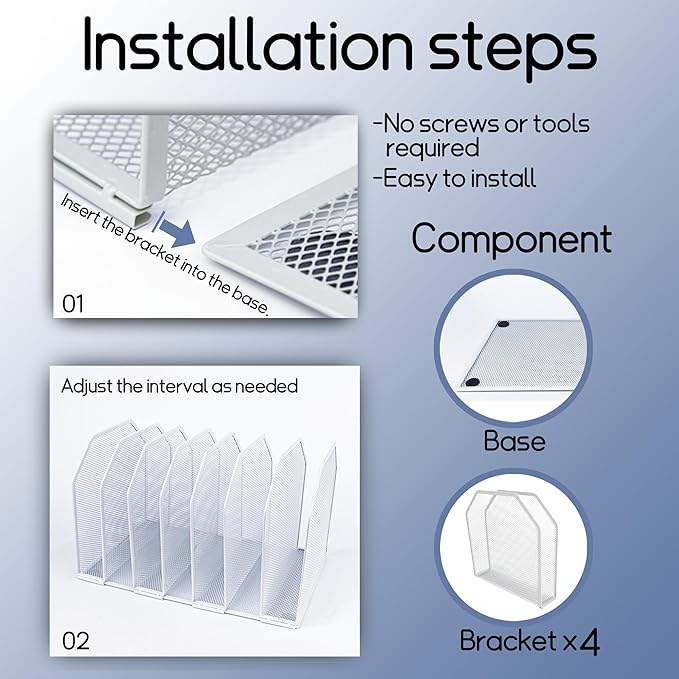 Adjustable Desk File Organizer,Detachable Office Folder Organizer,Compact Vertical Desk File Holder,Wrought Iron Paint,Suitable for Home, School, Office Classrooms (White - 7 grids)