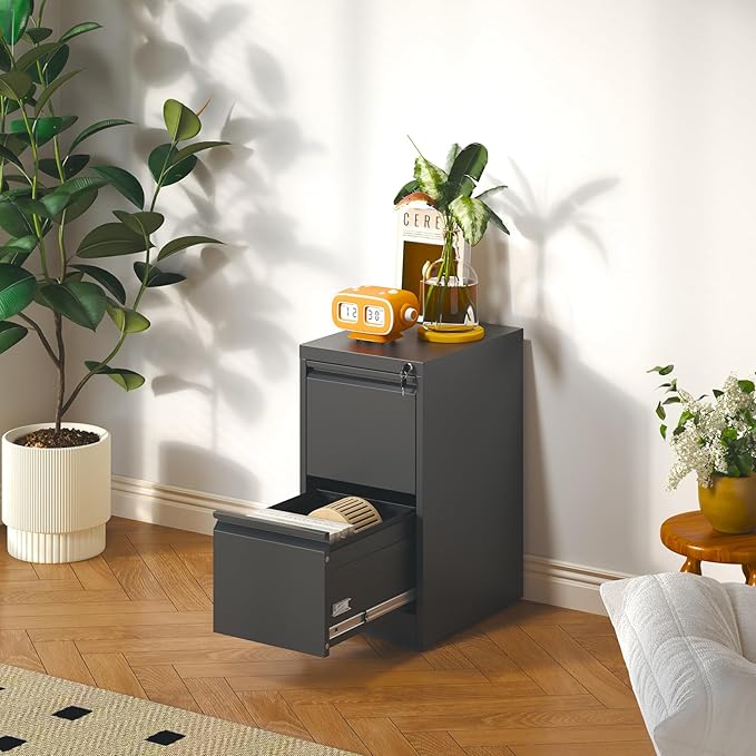 2 Drawer File Cabinet, Metal Vertical Filing Cabinet for Home Office, Locking Steel Easy Assemble 18" D File Cabinets for Legal/Letter/A4/F4 (Black)