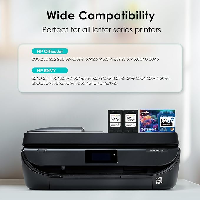 EcoVictor Remanufactured 62XL Ink Cartridges (2 Black) Compatible for HP Ink 62 62XL HP62 for Envy 5540 5542 5545 5640 5642 5660 5665 7640 7645 OfficeJet 5740 5742 5745 8000 8040 200 250 Printer 62 XL