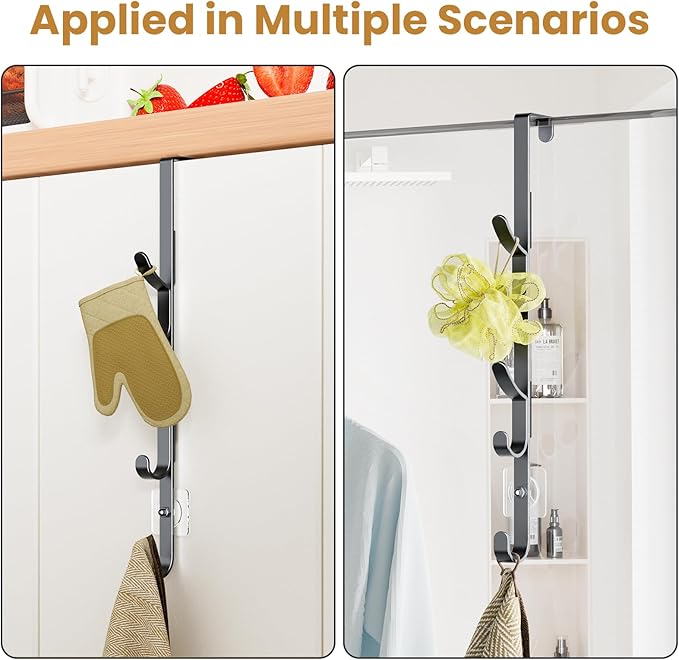 Over The Door Hooks, Metal Door Hooks for Hanging, Over The Door Purse Organizer for Door Coat Hanger, Back of Shower for Hanging Towel Rack Clothes, Hat, Bathroom, Closet (Black-2Packs)