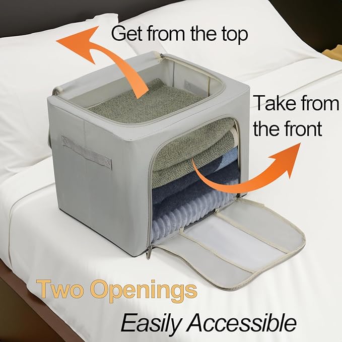 36L Clothes Storage Bins with Metal Frame, 3 Pcs Stackable Clothing Storage Boxes Containers with Lids, Foldable Oxford Fabric Clothes Organizer Bags Closet Organizers Organizing Bin for Sheet