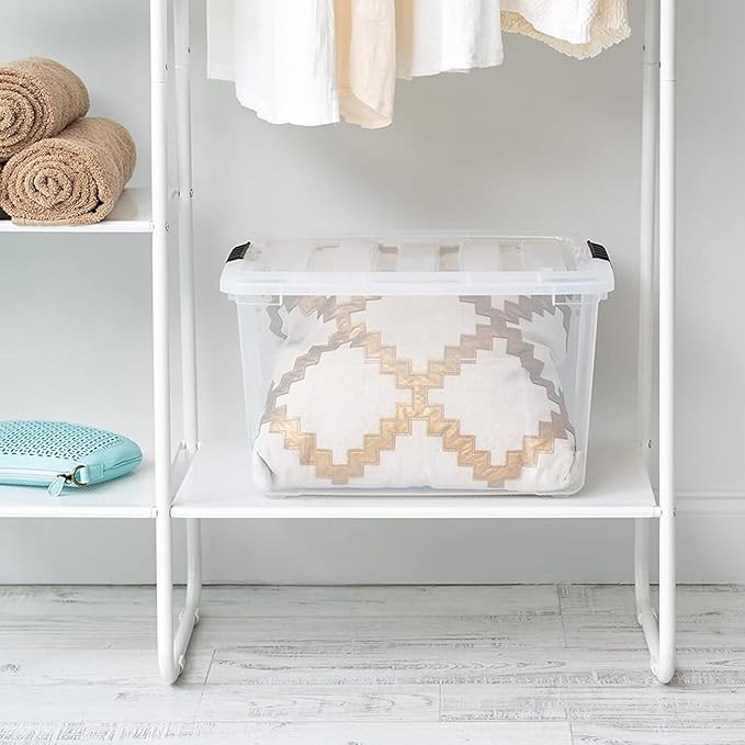 IRIS USA 40 Qt Stackable Plastic Storage Bins with Lids, 4 Pack - BPA-Free, Made in USA - See-Through Organizing Solution, Latches, Durable Nestable Containers, Secure Pull Handle - Clear