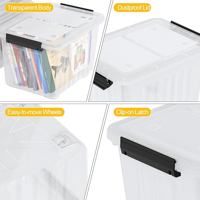 Obstnny 50 L Clear Plastic Storage Bins with Wheels, Large Lidded Organizer Boxes, 4 Pack