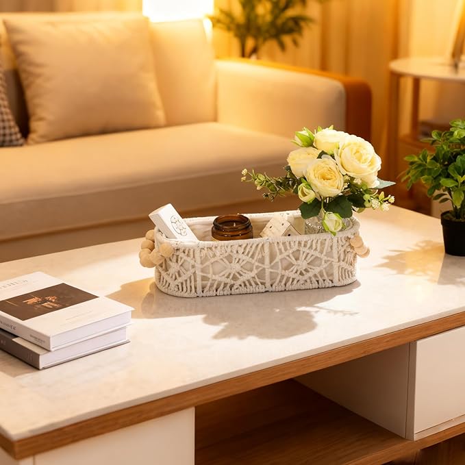 Small Storage Basket for Organizing, Woven Boho Decor Oval Macrame Toilet Paper Baskets for Toilet Tank Top Living Room Bedroom Entryway Decorative Counter Home Decor, Set of 2, White