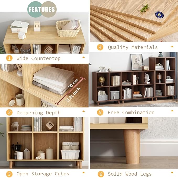 IOTXY Freestanding Open Cubes Bookcase - 2-Tier Floor Standing Wooden Storage Display Cabinet Organizer with Legs for Home Office, 4-Cubes Open Shelf Low Short Bookshelf, Walnut