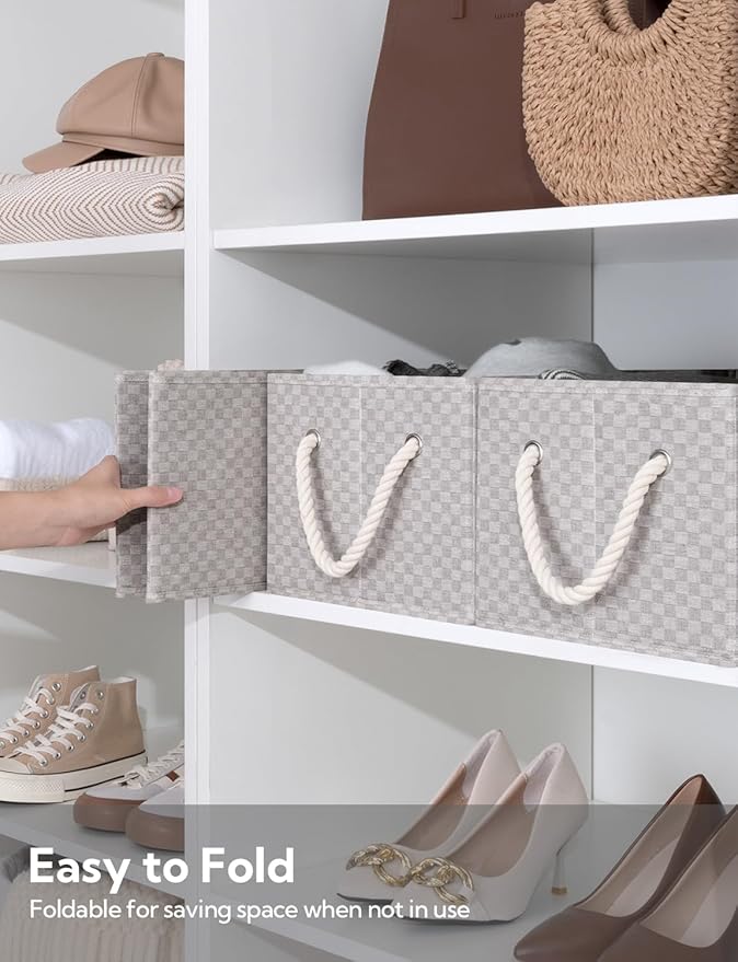 StorageWorks Storage Baskets for Shelves, Foldable Fabric Closet Storage Bins with Handles, Fabric Storage Bins Clothes Organizer, Khaki Check, 3-Pack, Large