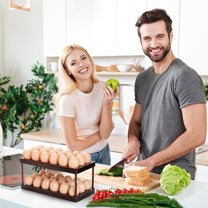 YOUEON Acacia Wooden Egg Holder with Double Layers, Detachable Wooden Egg Tray Holds 36 Fresh Eggs, Countertop Storage Rack for Gathering Fresh & Easter Eggs, Rustic Decor