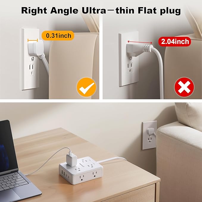 Surge Protector Flat Extension Cord Power Strip 6Ft, 8 Outlets with 4USB Ports (2 USB-C), 1350 Joules Protection, Ideal for Office, Home, White
