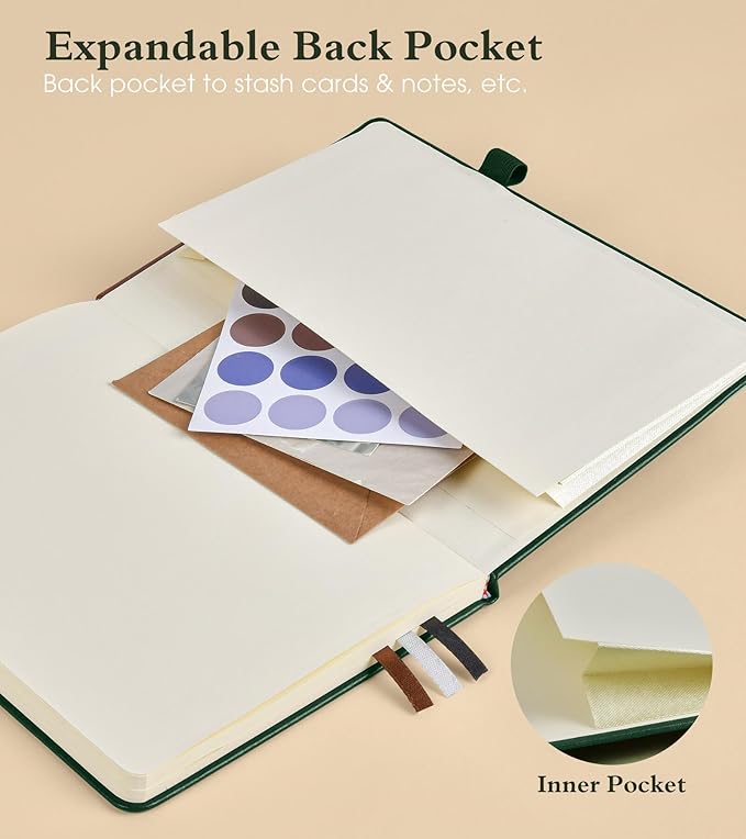 Lined Journal Notebook for Men Women, 160 Pages Ruled Paper, Inner Pocket, A5 Hardcover Vintage Leather Notebooks for Work, School, Travel Journaling, Daily Diary, Notepad 5.8" x 8.5" (Green)