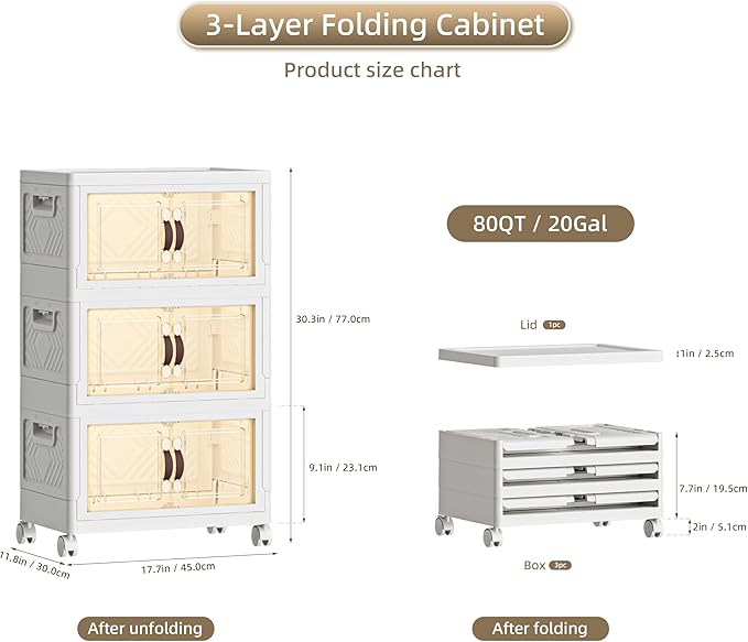 80 QT / 20 Gal Multi-Purpose Stackable Storage Cabinet: Double Magnetic Doors, Foldable, Wheels Included, Leather Handles - Ideal for Pantry, Laundry Room, Dorm