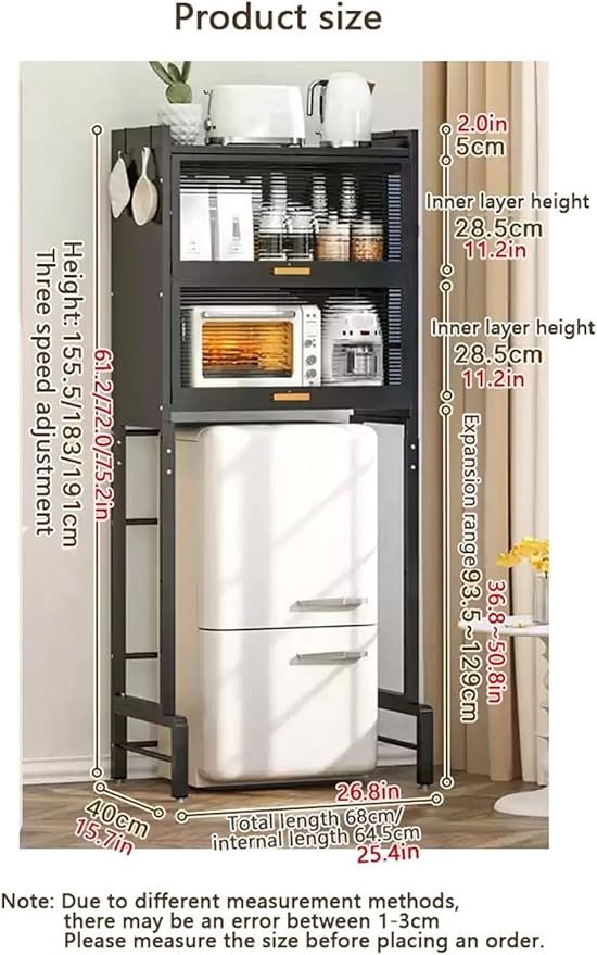 Stackable Kitchen Rack Cabinet Shelf Organizer - Adjustable Height Portable Mini Fridge & Microwave Stand with Large Storage Space - Black Kitchen Storage Solution