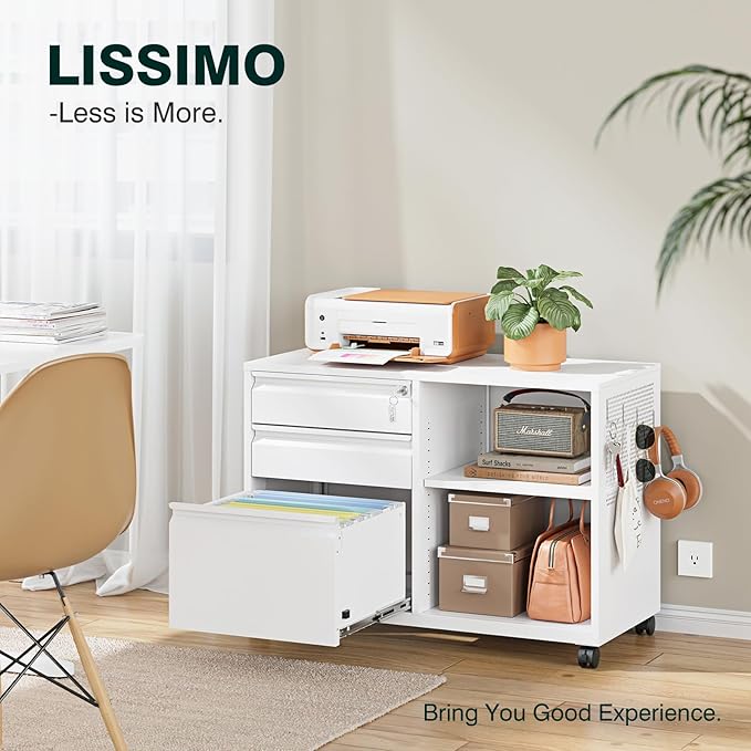 3 Drawer Metal File Cabinet with Lock,Mobile Lateral Filing Cabinet,Printer Stand Storage Cabinets with Shelves for Home Office(White)