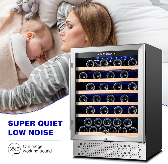 Tylza 24 Inch Wine Cooler Refrigerator, 51 Bottle Built-in or Freestanding, 24'' Fridge with Stainless Steel & Double Layer Tempered Glass Door and Temperature Memory Function
