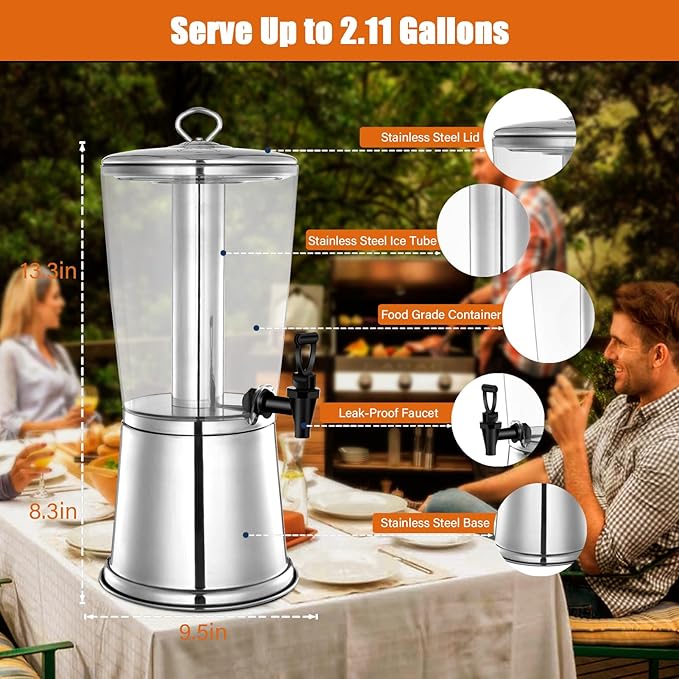 2 Gallons Beverage Dispenser With Stand, Drink Dispensers for Parties, Stainless Steel Juice Dispensers with Ice Tube and Spigot, Punch Dispenser For Parties