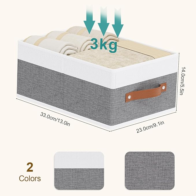 Clothing Storage Boxes, Drawer Organizers with Handles, Cube Organizer Bin for Organizing, 13 × 9.1 × 5.5 Inch, White and Grey, 6-Pack