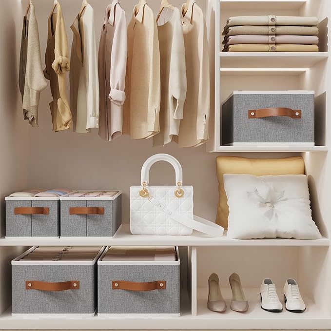 OUTBROS Foldable Bins With Handles, Fabric Storage Boxes, Foldable Bins With Handles, Wardrobe Baskets for Organizing, For bedrooms, living rooms, Shelves, White, 16.1 x 6.5 x 9.8 inch, 6-Pack