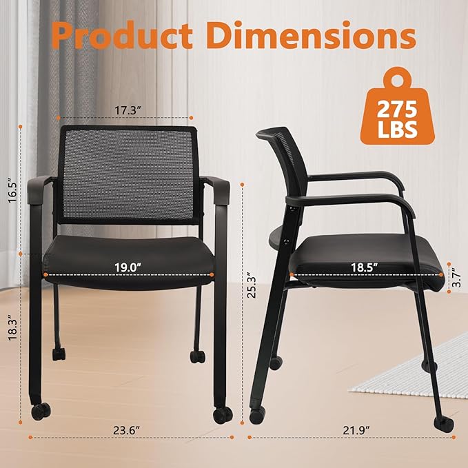 CLATINA Stacking Office Chair with Wheels, Mesh Back Waiting Room Guest Chairs with Arms Comfortable Leather Cushion Stackable Desk Chair for Conference Reception School Side Stationary, Black, 2PK