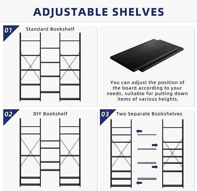 NUMENN Triple Column 5 Tier Bookshelf, Bookcase with 14 Open Display Shelves, Adjustable Rustic Industrial Style Book Shelves, Modern Bookshelves for Bedroom, Living Room and Home Office, Black
