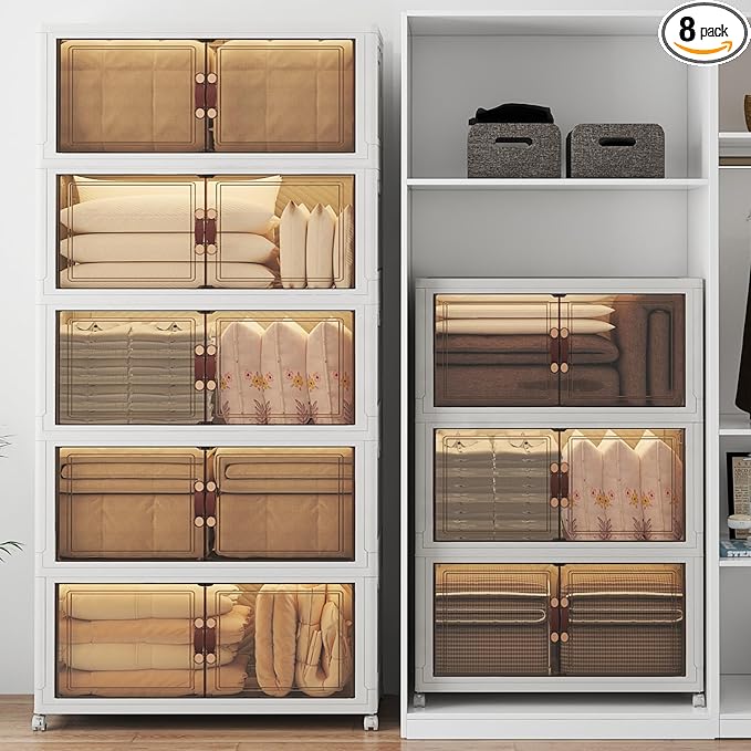 1280Qt Stackable Storage Bins with Lids, 8 Pack Large Collapsible Bins with Wheels, Plastic Cabinet with Doors, Foldable Closet Organizers and Storage for Home, Dorm, Office, White