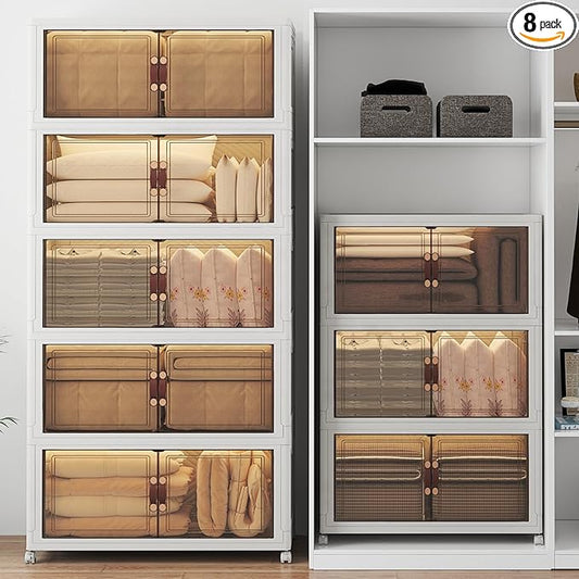 1280Qt Stackable Storage Bins with Lids, 8 Pack Large Collapsible Bins with Wheels, Plastic Cabinet with Doors, Foldable Closet Organizers and Storage for Home, Dorm, Office, White