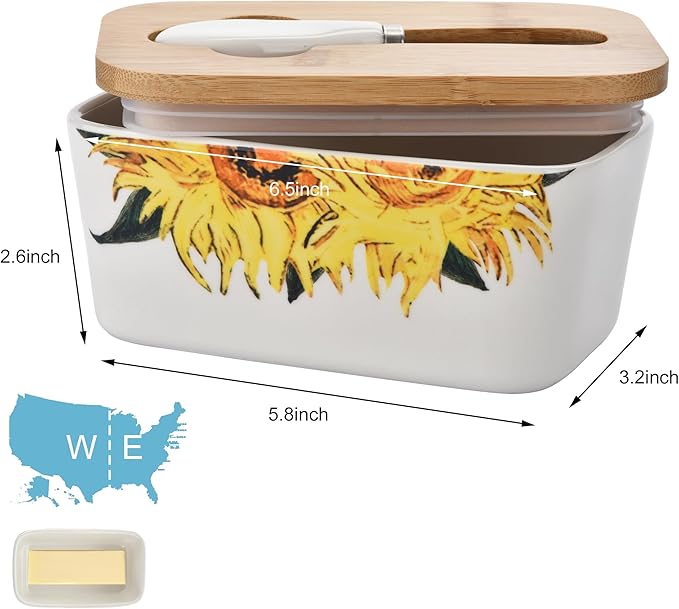 Pretty Sunflower Large Butter Dish with Lid for Countertop,Ceramic Covered Butter Holder with Knife for Fridge, Airtight Butter Keeper Container Storage for East West Coast Butter,White