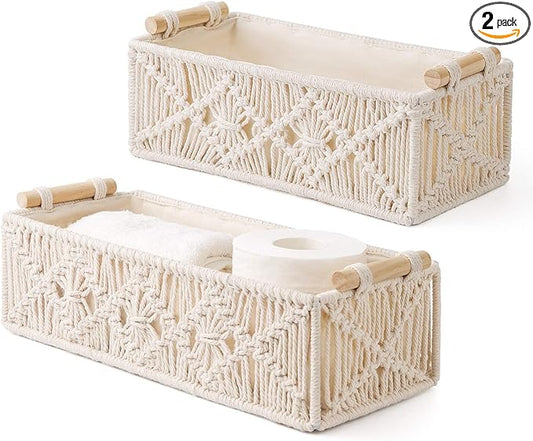 Mkono Macrame Storage Baskets Boho Decor Box Handmade Woven Decorative Countertop Toilet Tank Shelf Cabinet Organizer for Bedroom Livingroom Home, Set of 2, Ivory