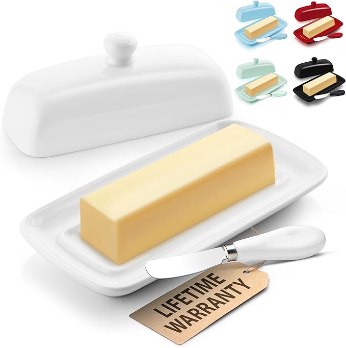 Zulay Kitchen Butter Dish With Lid For Countertop - Porcelain White, Ceramic Butter Dish with Knob Handle Great for Cooking - Elegant Design Butter Holder - Durable & Sturdy Butter Keeper - White