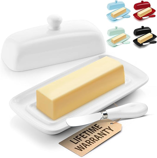 Zulay Kitchen Butter Dish With Lid For Countertop - Porcelain White, Ceramic Butter Dish with Knob Handle Great for Cooking - Elegant Design Butter Holder - Durable & Sturdy Butter Keeper - White