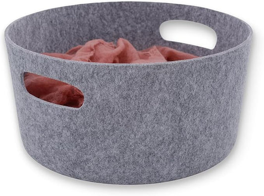 Welaxy Large Storage Basket Felt Open Storage Bins Desk Organize bin Shelf Box with Handles Light Weight for Magazines Books Junk Kids Toys Pet Toy Clothes Laundry Organizer Round (Gray)