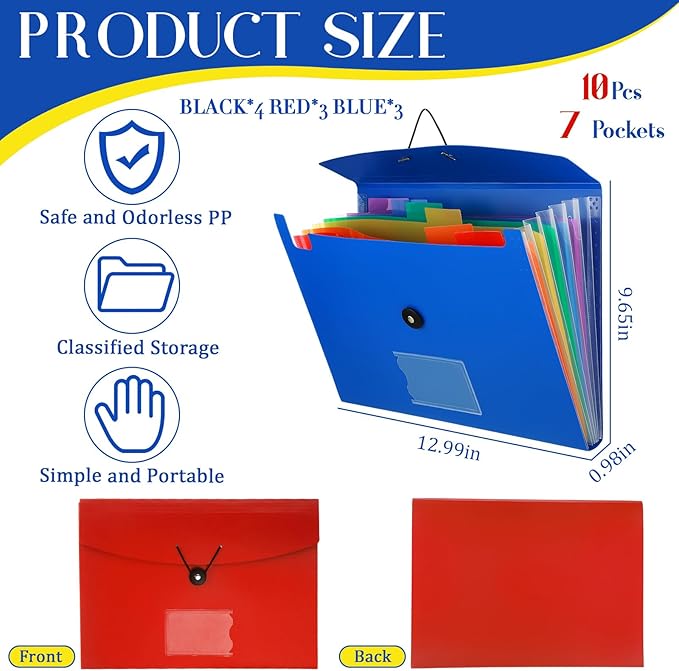 Glenmal 10 Pcs 7 Pocket File Folders File Organizer Expanding Folder with Labels Plastic Expandable Folder Pocket Folder A4 Letter Size Paper Organizer Folder for Office(Red, Black, Blue)