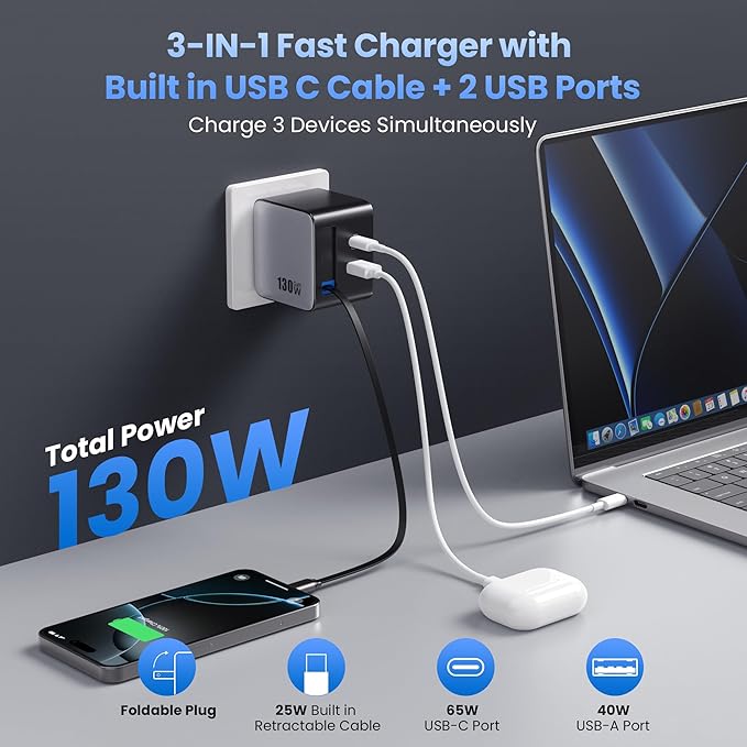 130W USB C Wall Charger,GaN III 3-Port Fast Charging Station,PD QC Foldable Charger Block Portable 65W USB C Laptop Adapter for MacBook Pro/Air,iPad Pro,Galaxy S23,Dell XPS,iPhone 16