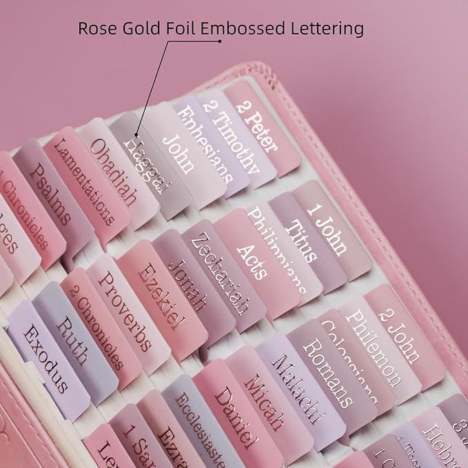 UPAFEXXI-Laminated Bible Tabs (Rose Gold Foil Embossed Lettering), Bible Tabs for Women and Men, Reposition Large Print Stickers, Easy to Read and Apply, 80 Chapters Labels for Easy Navigation(Pink)