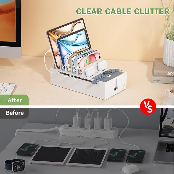 Pezin & Hulin Bamboo Charging Dock Station for Electronic Devices, Docking Organizer for Phone and Tablets, Smart Watch, Earbuds, Power Strip Box (Included 5-Port USB Charger and 5 Cables) -White