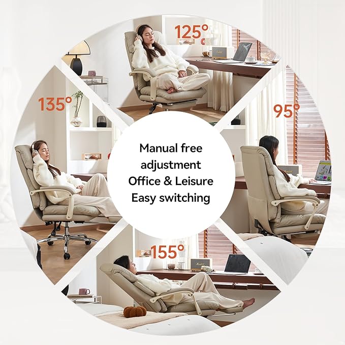 EMIAH Genuine Leather Office Chair with Foot Rest, Reclining Ergonomic Executive Office Chair with Arms, High Back Comfy Swivel Computer Desk Chairs with Wheels and Lumbar Support for Home, Beige