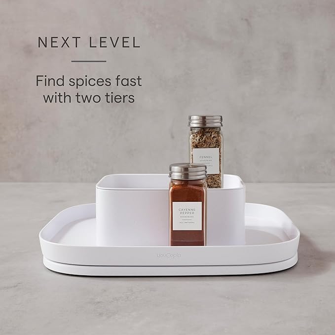 YouCopia MagicTrack Rectangle Lazy Susan Turntable 2-Tier Spice Rack: Jar & Bottle Storage Organizer for Kitchen and Bathroom with 360° Spin, Non-Slip, White Speckled BPA-Free
