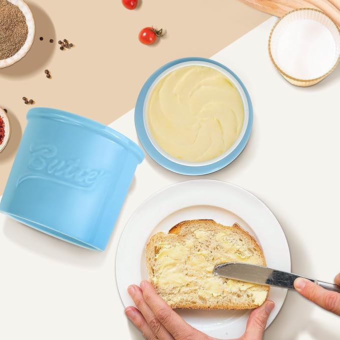 Butter Crock for Counter with Water, French Butter Keeper for Spreadable Butter Ceramic Butter Dish with Lid for Countertop, Butter Container Holder, Home Kitchen Decor (Blue, M)