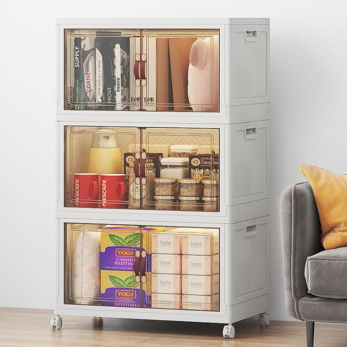 Stackable Storage Bins with Lids, Large Collapsible Storage Bins with Wheels, Plastic Cabinet with Doors, Foldable Closet Organizers for Home, Dorm, Office (White-55QT, 3Pack with 1Top Lid)