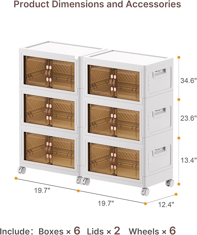 330Qt Stackable Storage Bins with Lids, 6 Pack Collapsible Bins with Wheels, Plastic Cabinet with Doors, Foldable Closet Organizers and Storage for Home, Dorm, Office, White