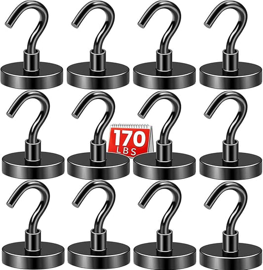 DIYMAG Black Magnetic Hooks, 170 LB Heavy Duty Strong Magnets with Hooks Rare Earth Neodymium Fridge Magnet for Grill Hanging Cruise Cabins Ship Essentials 12 Packs