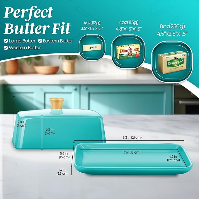 Flexzion Ceramic Blue European Butter Dish with Lid for Countertop (8 Inch) - Wide 2 Stick Double Butter Holder for Counter, Cream Cheese Container Storage Keeper