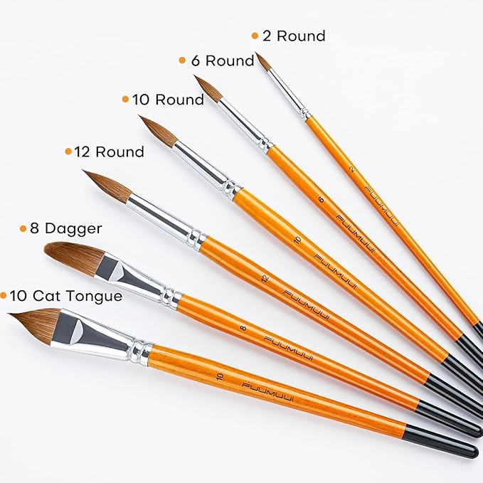 Sable Watercolor Brushes Kolinsky Watercolor Paint Brushes for Artists Professional 6pcs - Pointed Rounds Cat Tongue Oval Wash Dagger for Watercolor Acrylics Inks Gouache Painting