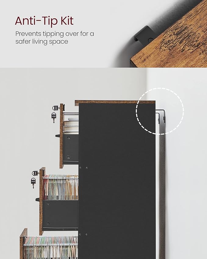 VASAGLE 3-Drawer Vertical File Cabinet, Rustic Brown and Black, for Home Office and Bedroom, A4 and Letter-Size Files, Lockable Drawers, Adjustable Hanging Rail, Printer Stand