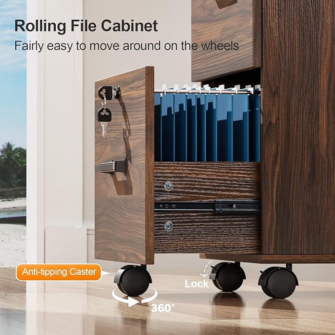 VINGLI 2 Drawer File Cabinet with Lock, Wood Dark Brown File Cabinets for Letter Size File Folders with Tabs, Under Desk Rolling Filing Cabinet for Home Office, Mobile File Organizer Printer Stand
